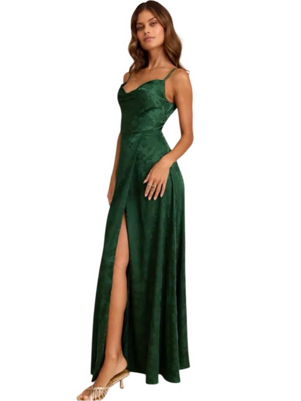 Lulu’s NWT Simply Dreamy Emerald Green Satin Floral Jacquard Maxi Dress